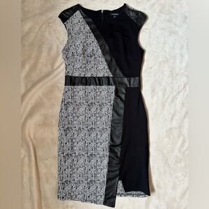 Le Chateau Black and White Asymmetrical Dress with Faux Leather Accents
